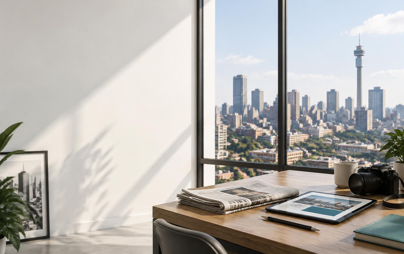 Newspapers and a tablet in a studio overlooking the Johannesburg skyline